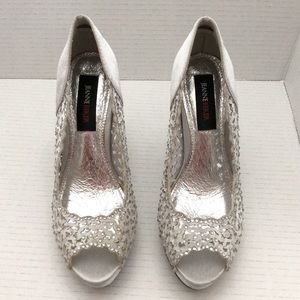 Jeanne Beker silver satin and rhinestone heels